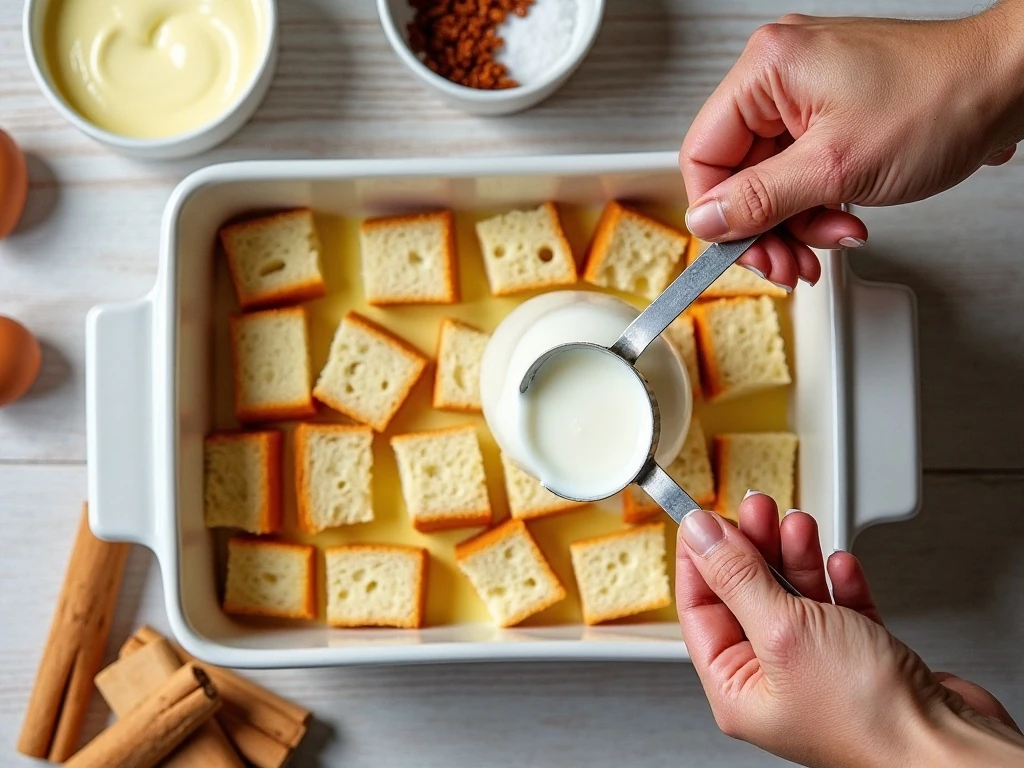 Ingredients for easy custard bread pudding arranged beside a baking dish