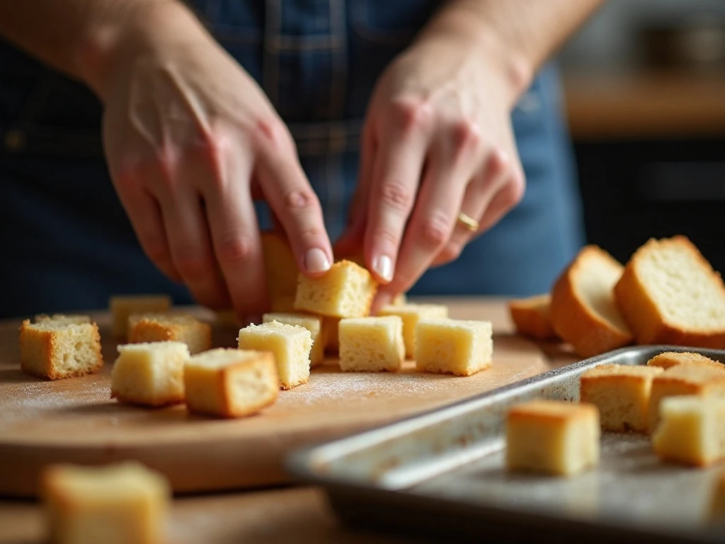 Cutting day-old bread into cubes for custard bread pudding