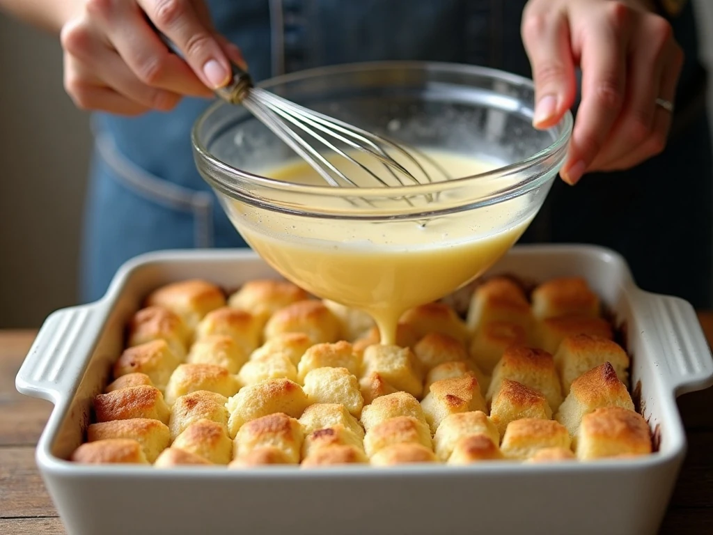 Whisking vanilla custard for bread pudding before pouring it over bread