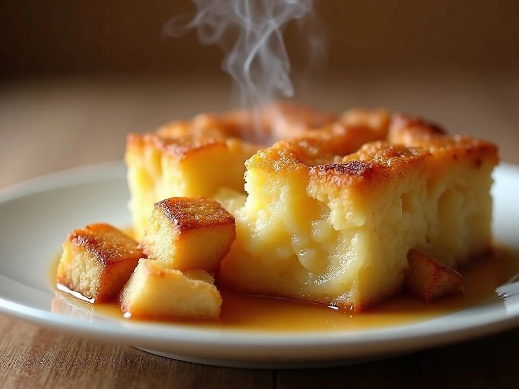 Golden custard bread pudding with a softly set center