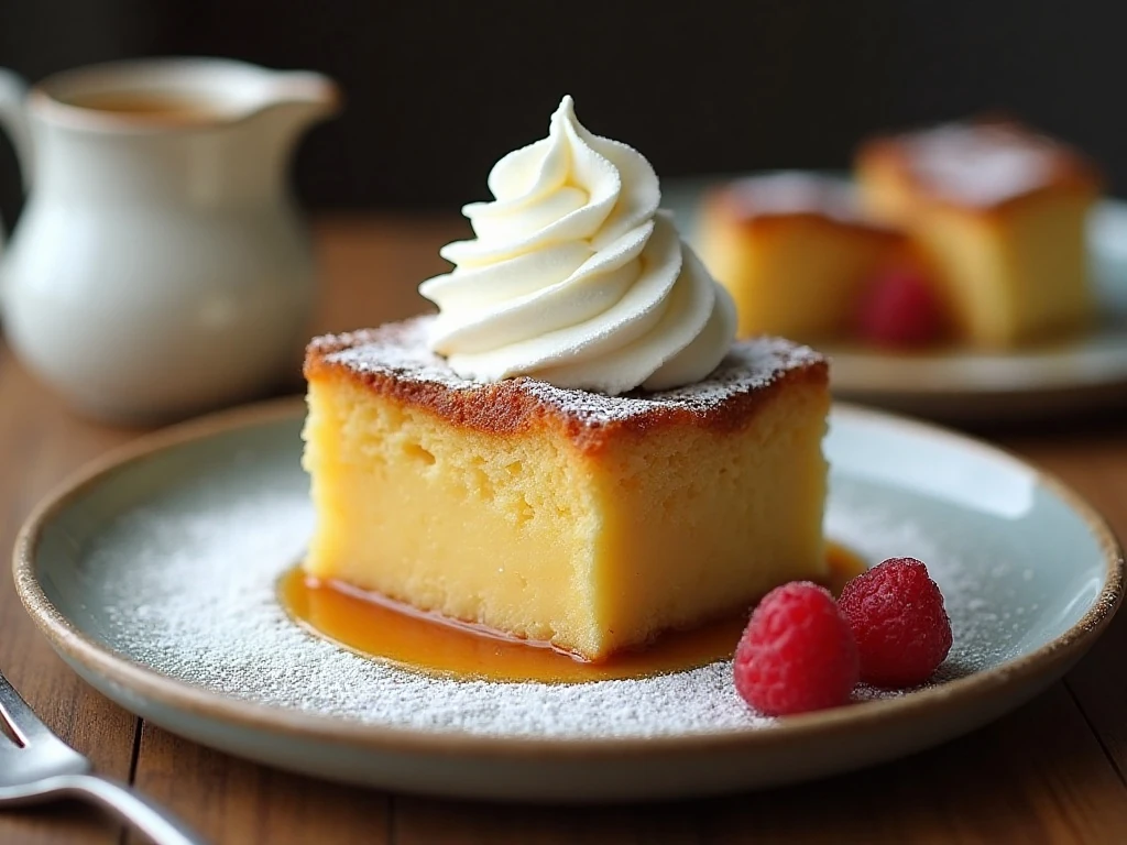 Warm custard bread pudding served with powdered sugar, whipped cream, and caramel sauce