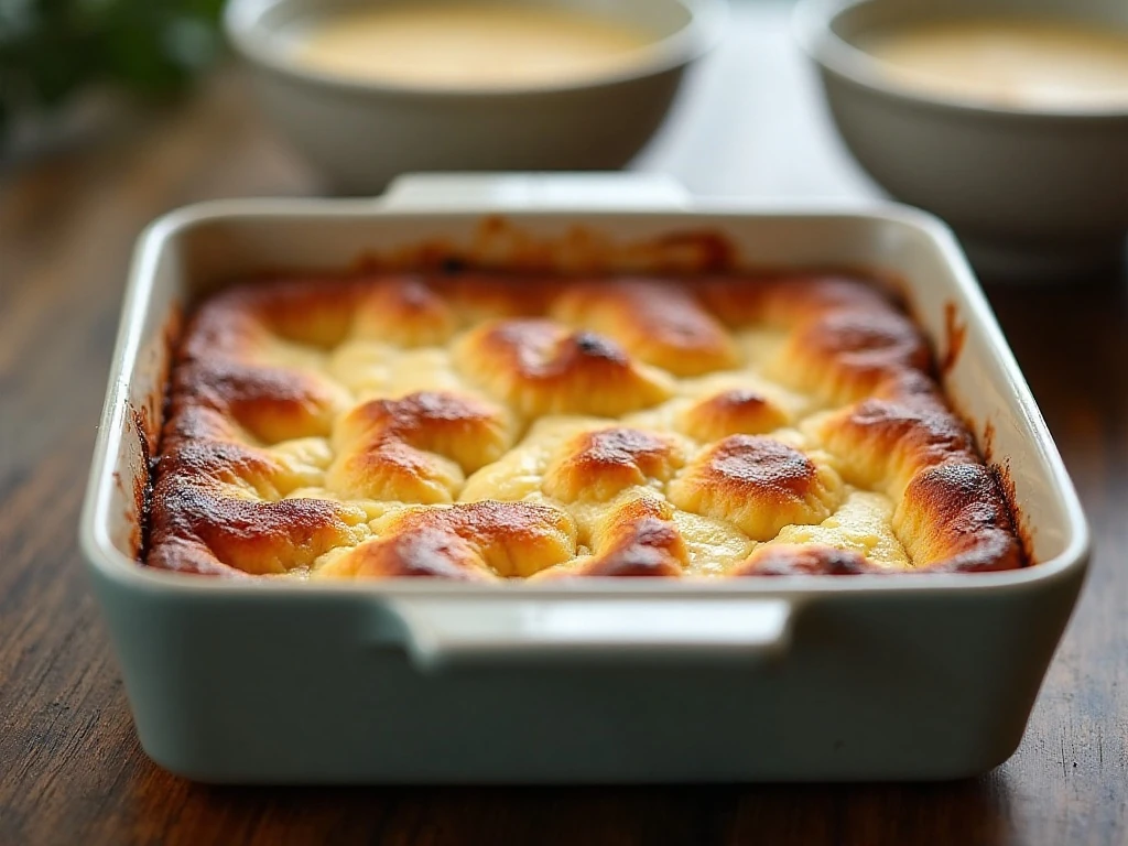 Warm custard bread pudding with golden edges and a creamy center