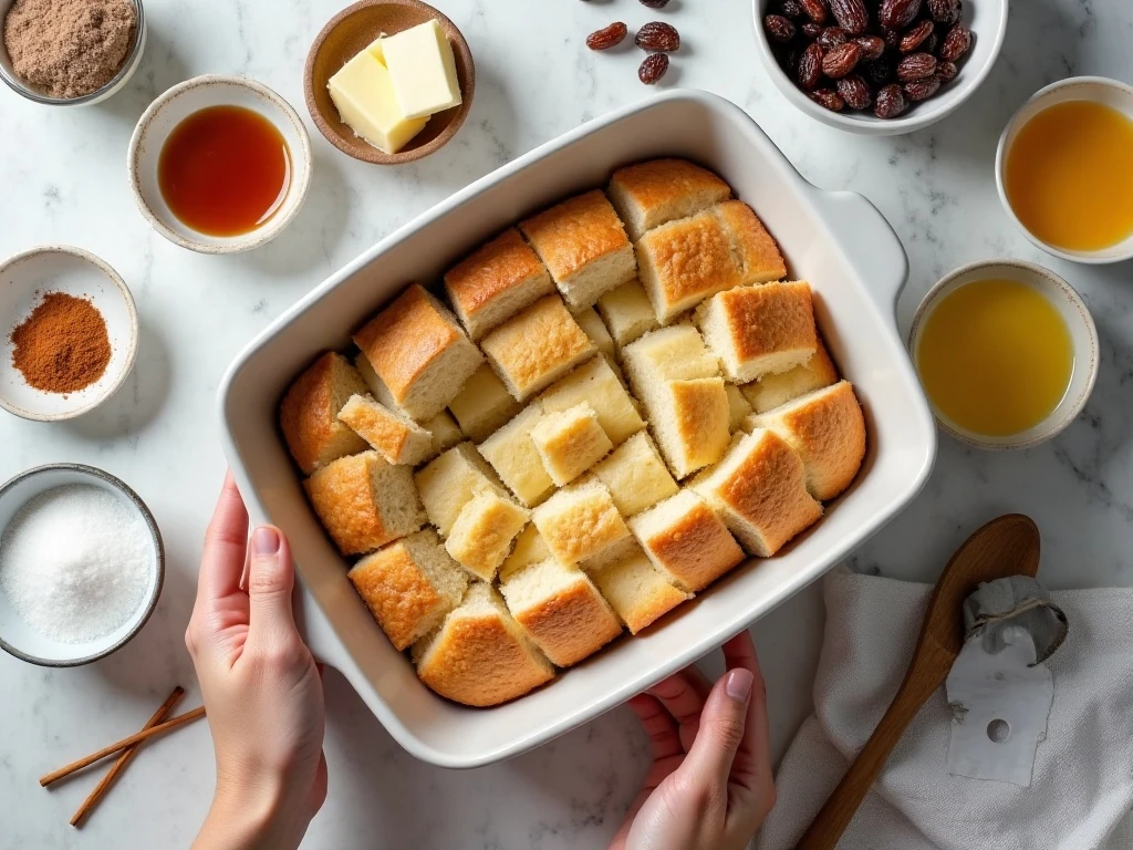 Ingredients for easy custard bread pudding arranged around a baking dish