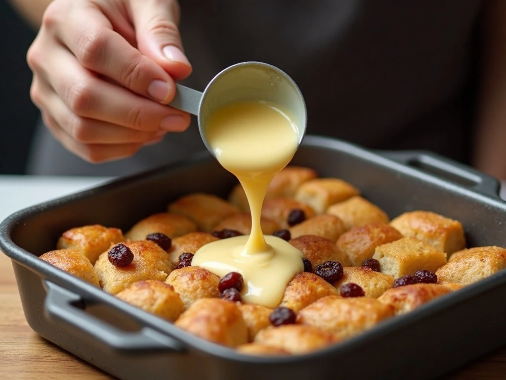 Pouring custard over bread cubes for bread pudding