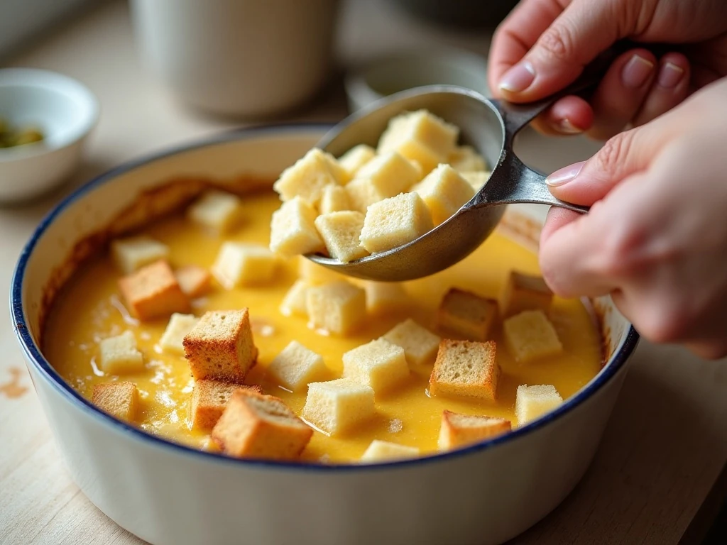 Bread cubes absorbing custard before baking