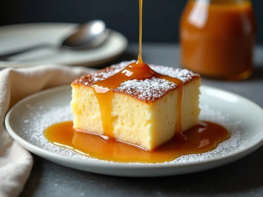 Bread pudding topped with powdered sugar and caramel sauce