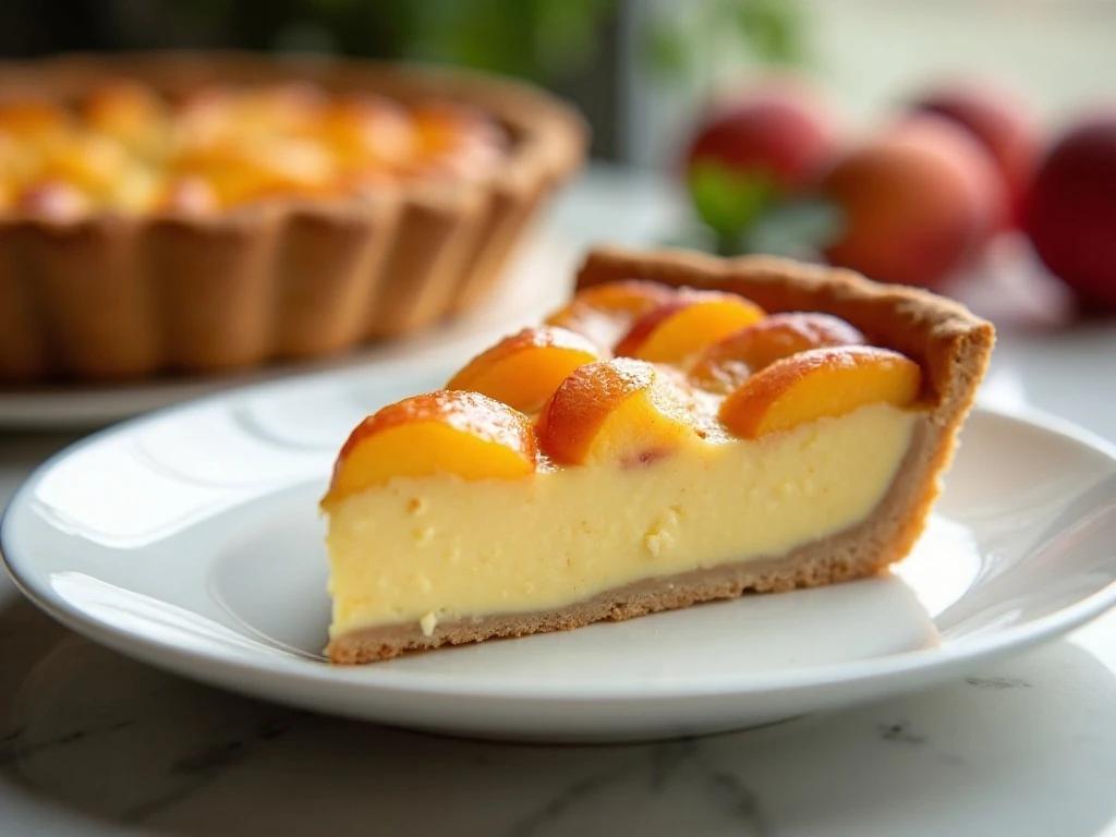 Slice of creamy custard peach pie on a dessert plate