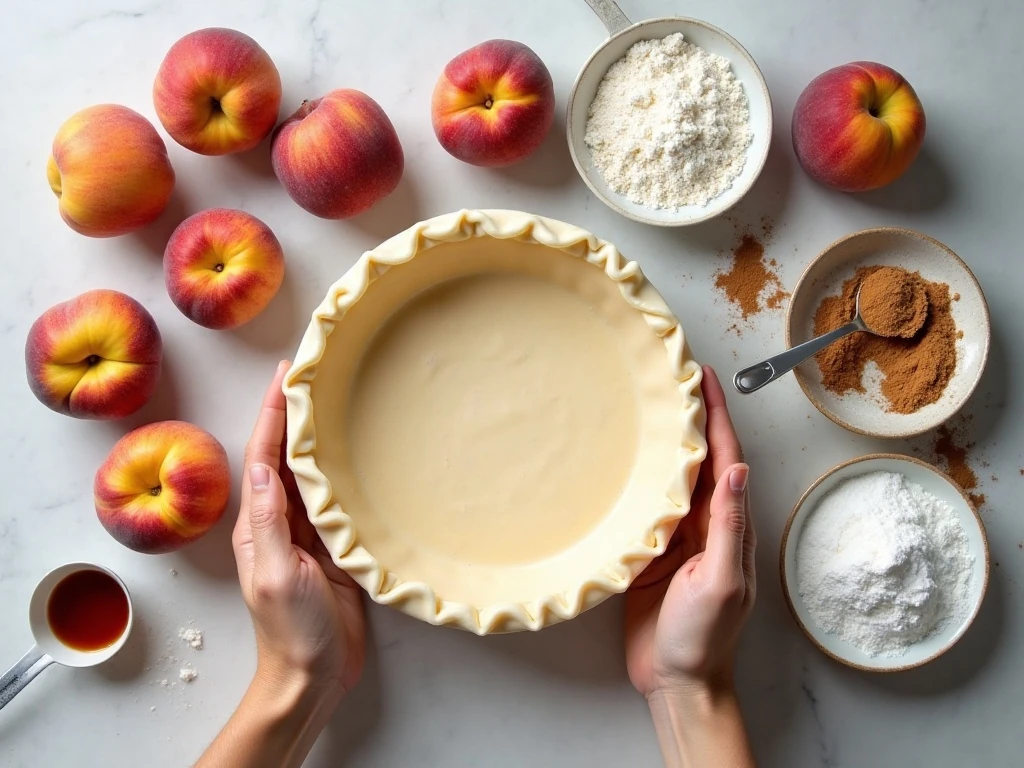 Ingredients for fresh peach custard pie arranged on a counter