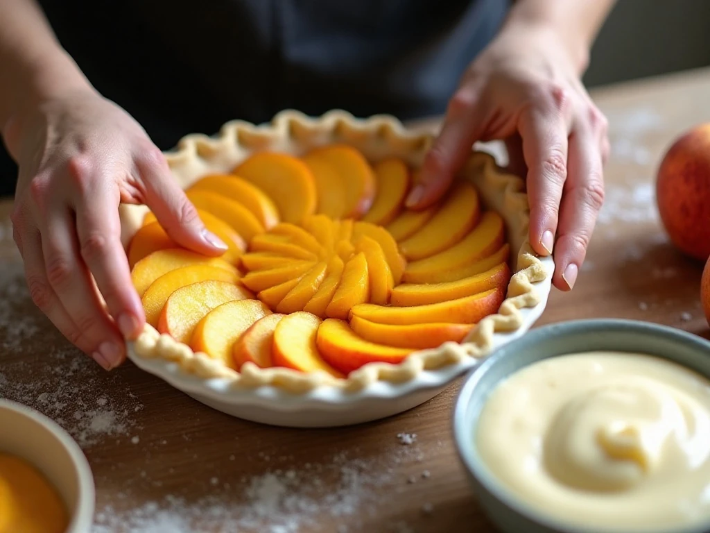 Peach slices being arranged in an unbaked pie crust