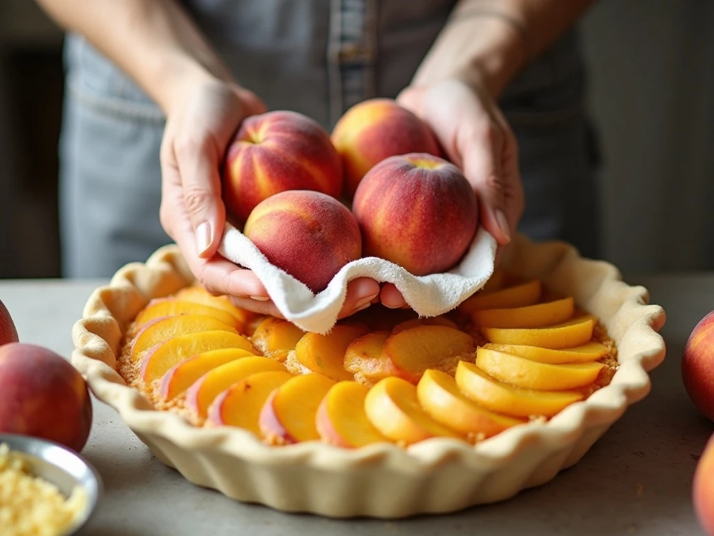 Firm peach slices being prepared for custard peach pie