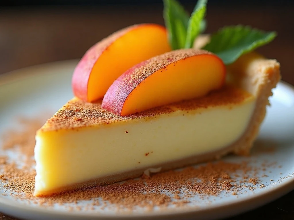 Close-up of chilled peach custard pie with cinnamon topping