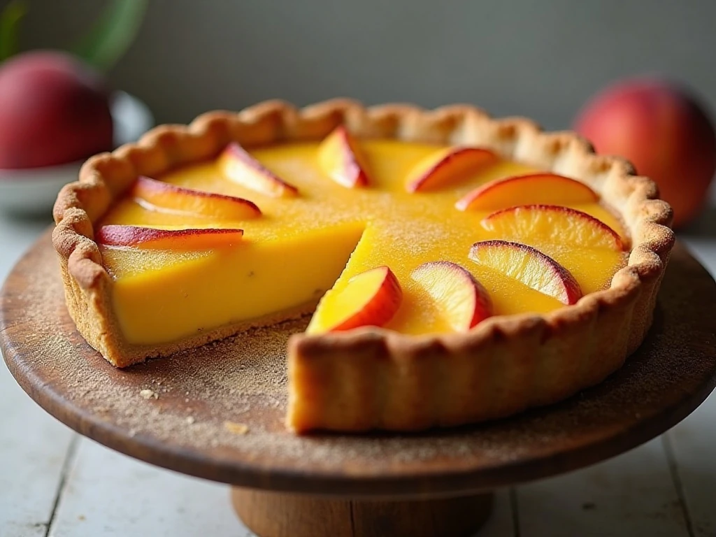Finished homemade custard peach pie ready to serve