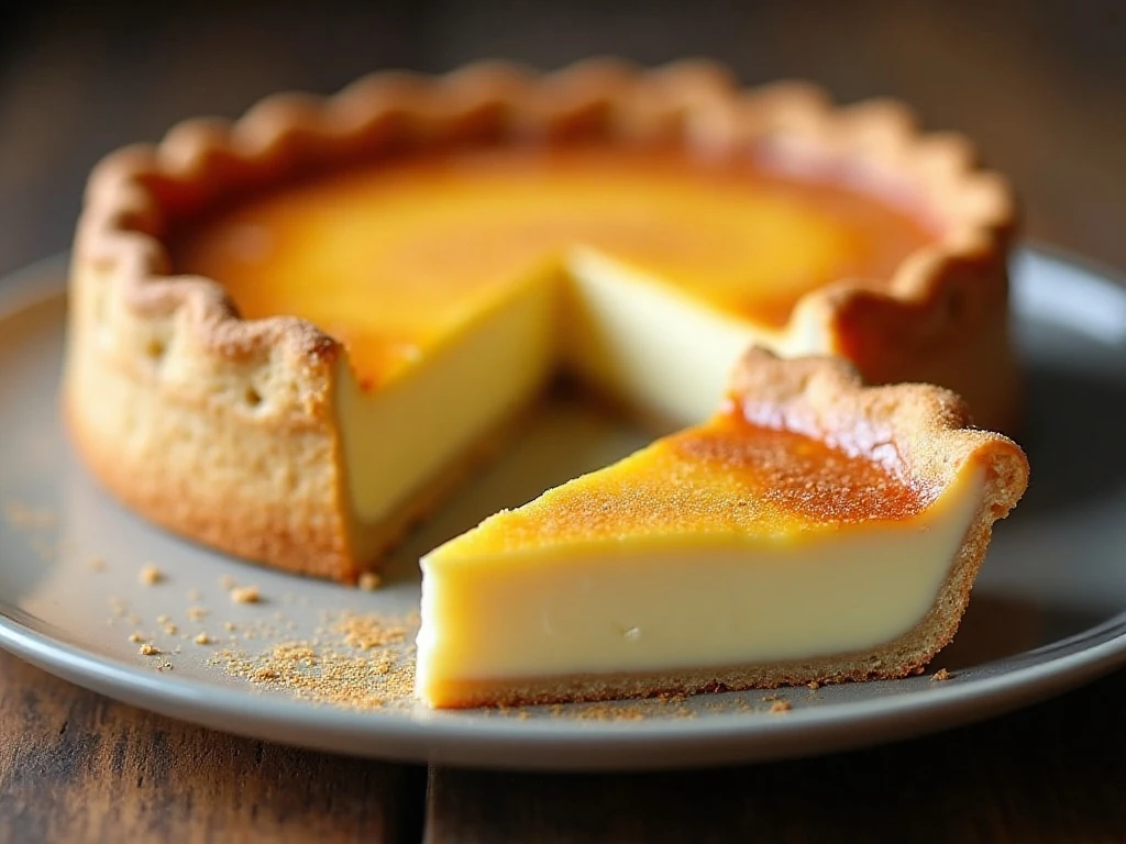 Classic homemade custard pie with a flaky crust and nutmeg topping
