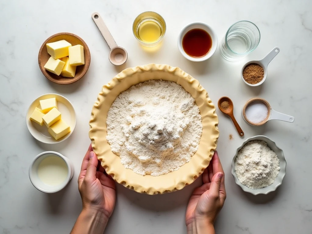 Ingredients for easy custard pie and homemade flaky crust