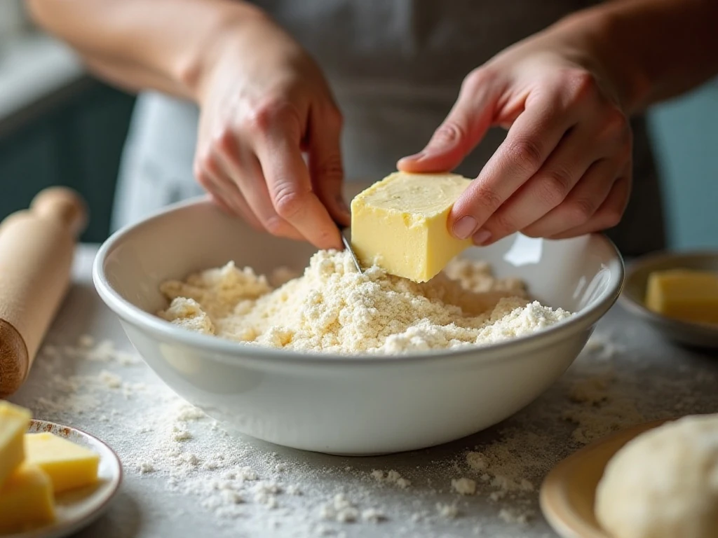 Preparing cold butter pastry dough for custard pie