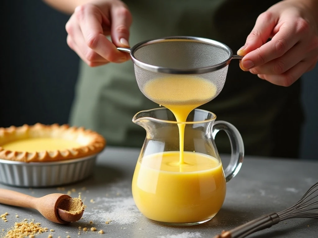 Straining smooth custard before filling the pie crust