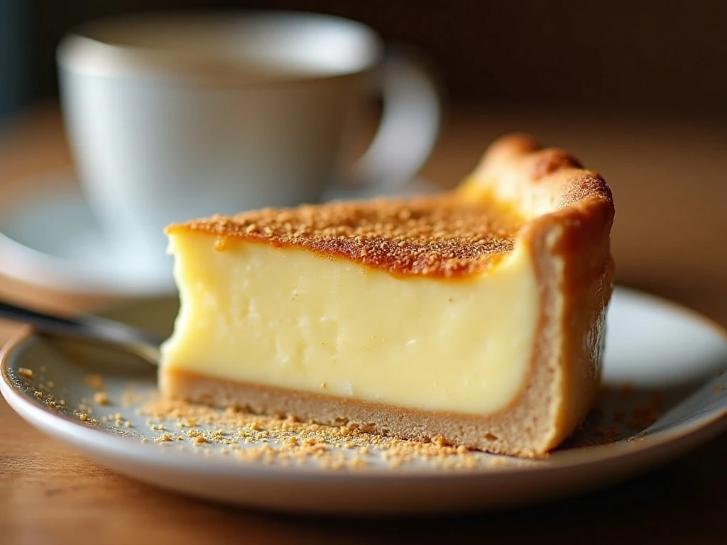 Close-up slice of creamy nutmeg custard pie