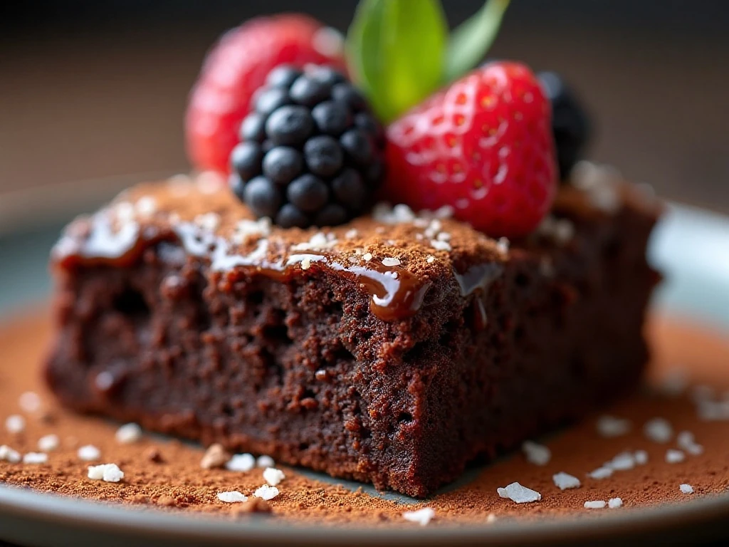 Chocolate dessert finished with berries and toasted coconut