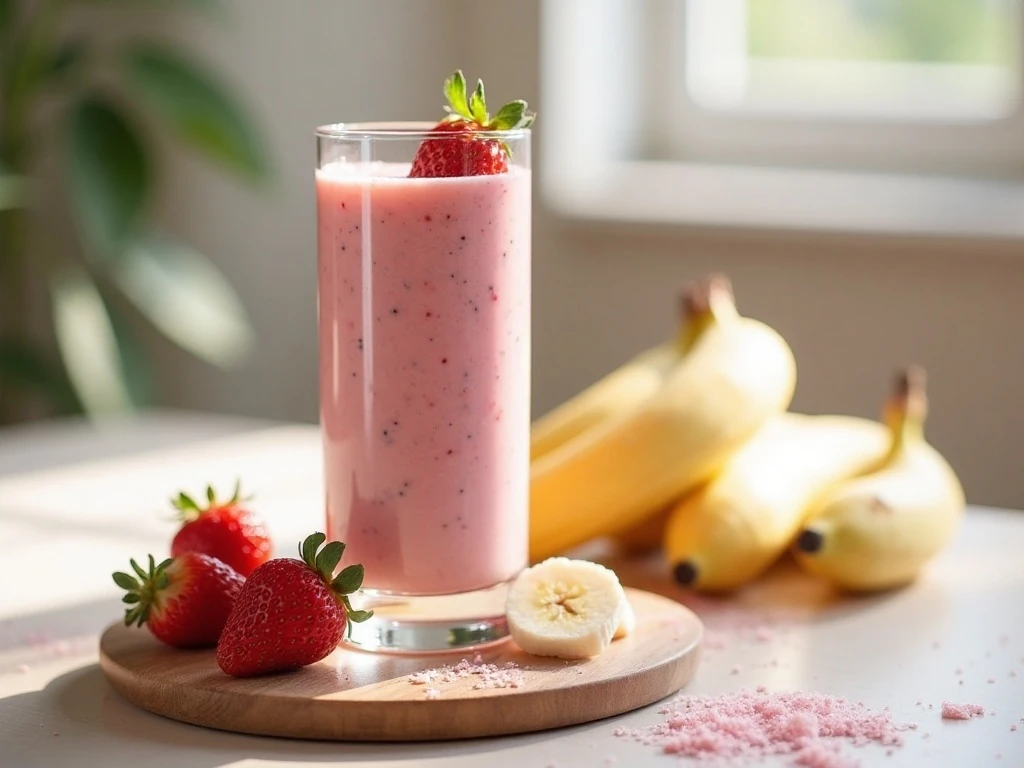 Creamy pink dairy-free strawberry banana smoothie in a glass