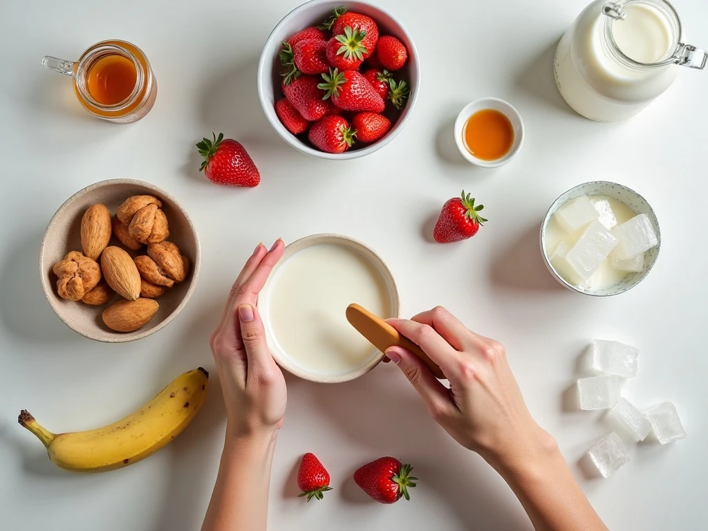Ingredients for a creamy dairy-free strawberry banana smoothie