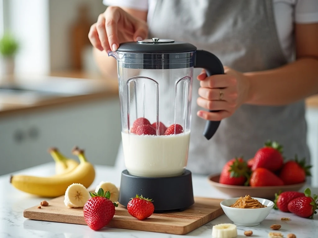 Blending frozen fruit and dairy-free ingredients for a smoothie