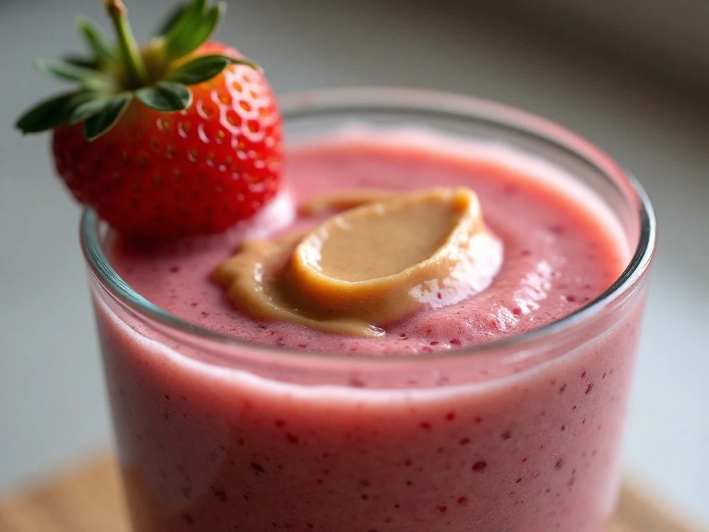 Thick creamy texture and strawberry garnish on a dairy-free smoothie