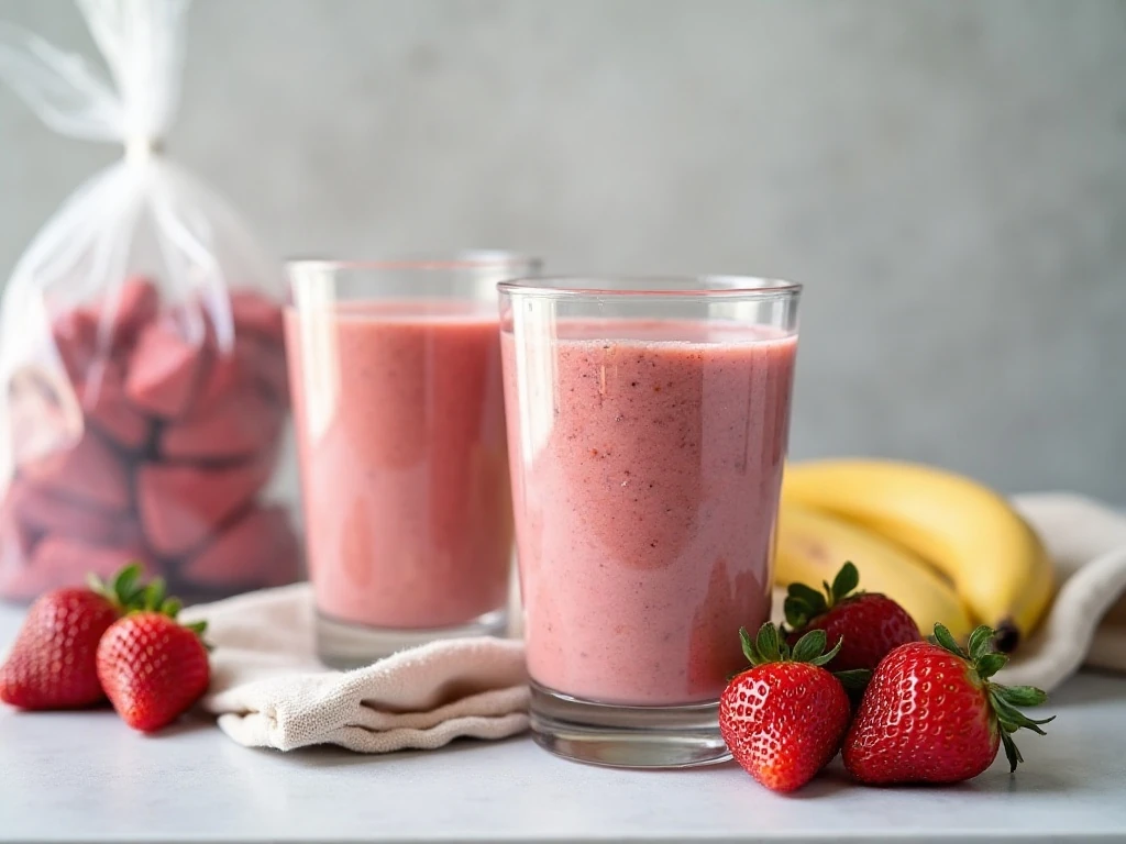 Two servings of dairy-free smoothie with prepared frozen fruit