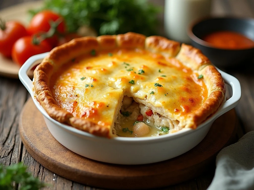 Golden homemade chicken pot pie with a creamy chicken and vegetable filling