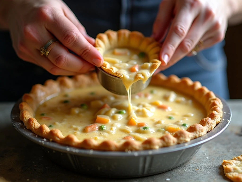 Assembling the chicken and vegetable filling inside a pie crust