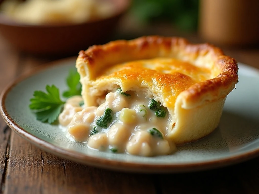A warm slice of chicken pot pie ready to serve