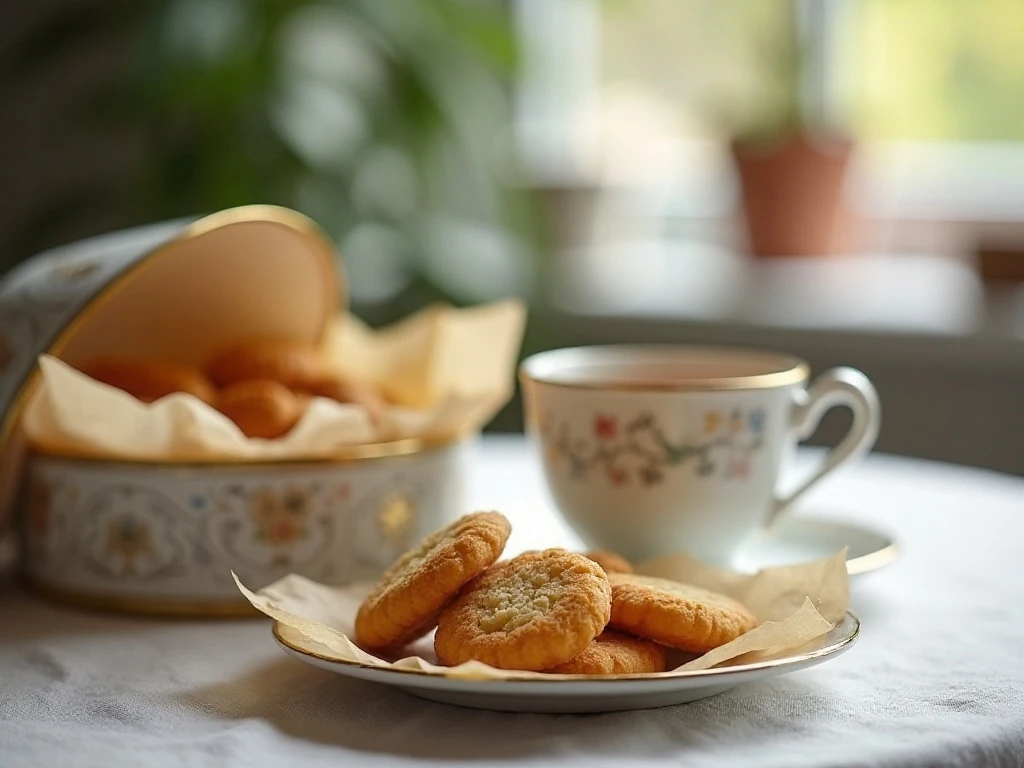 Danish butter cookies served with tea and stored in a cookie tin