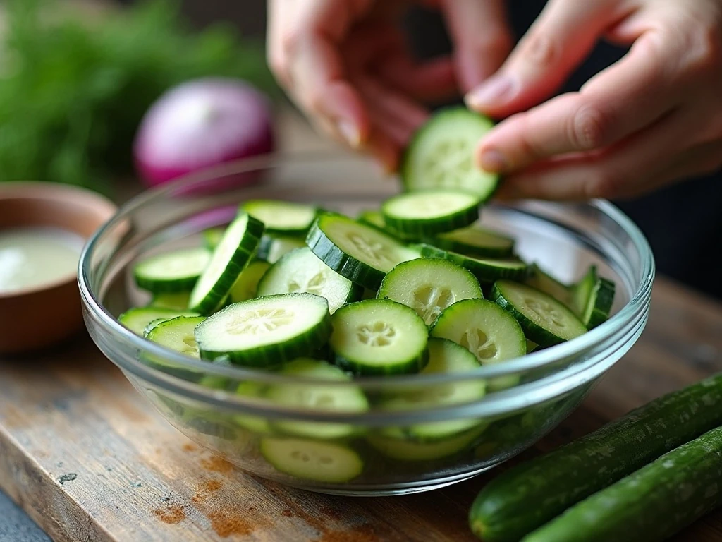 Preparing thin cucumber slices and sweet-and-sour brine