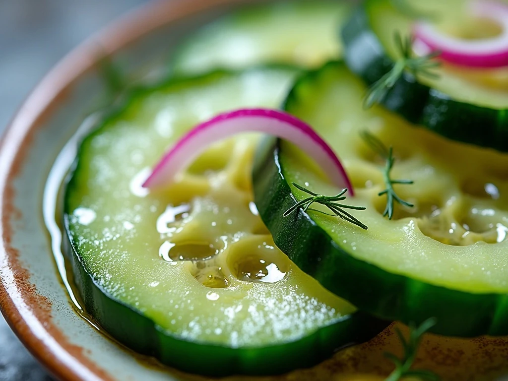 Close-up of crisp cucumber salad with dill