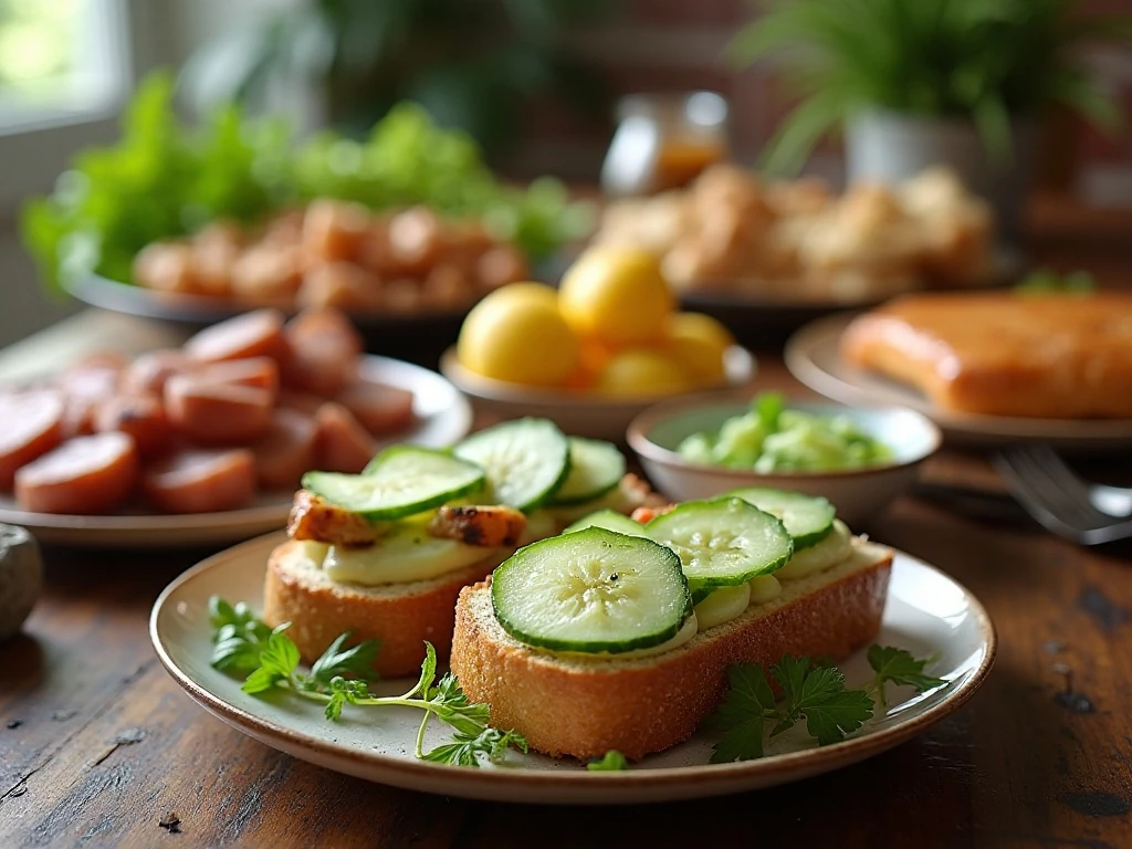 Agurkesalat served with sandwiches, pork, fish, and grilled foods