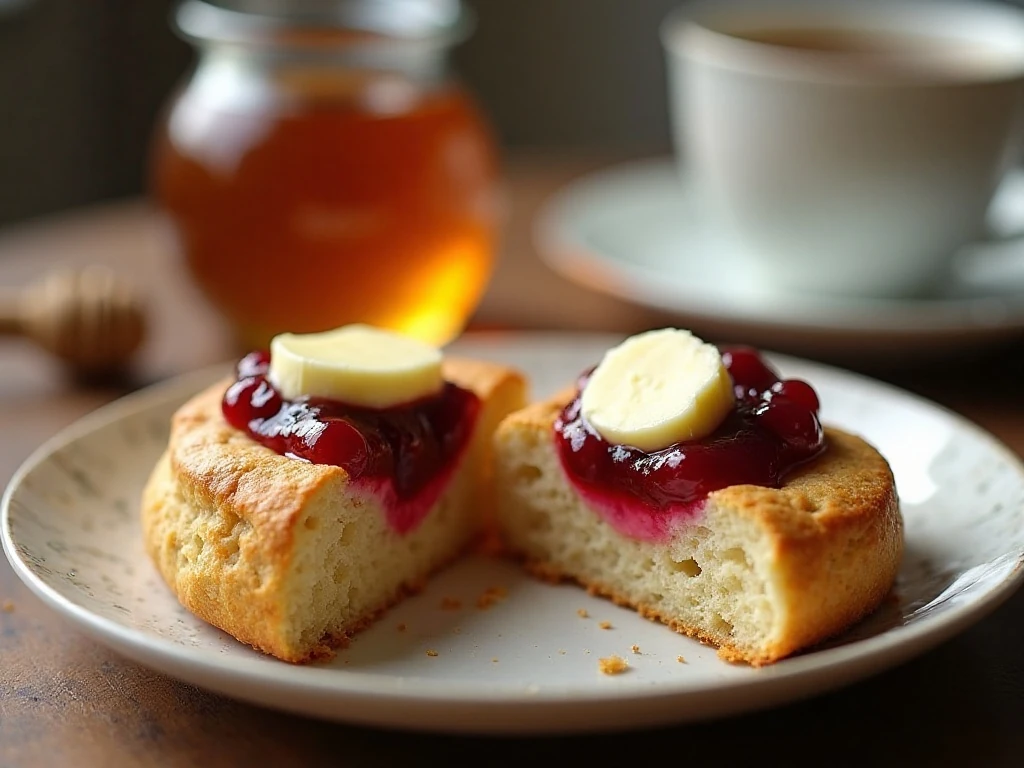 Irish soda scone split open with melting butter and berry jam