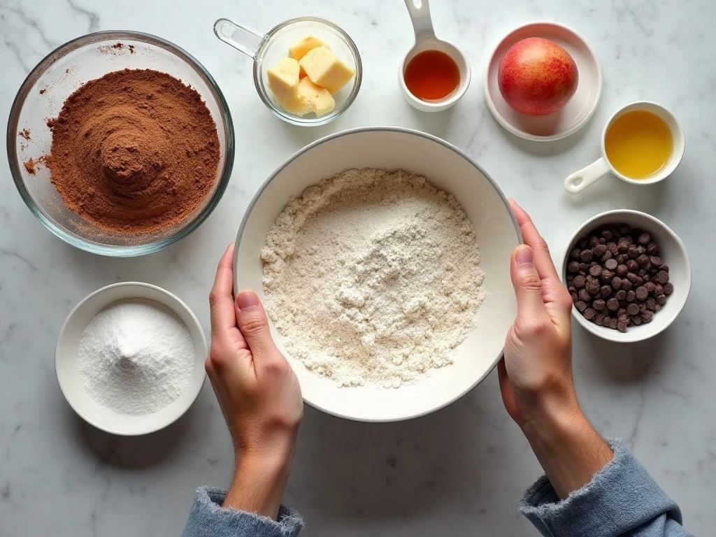 Ingredients for dark chocolate brownies arranged for baking