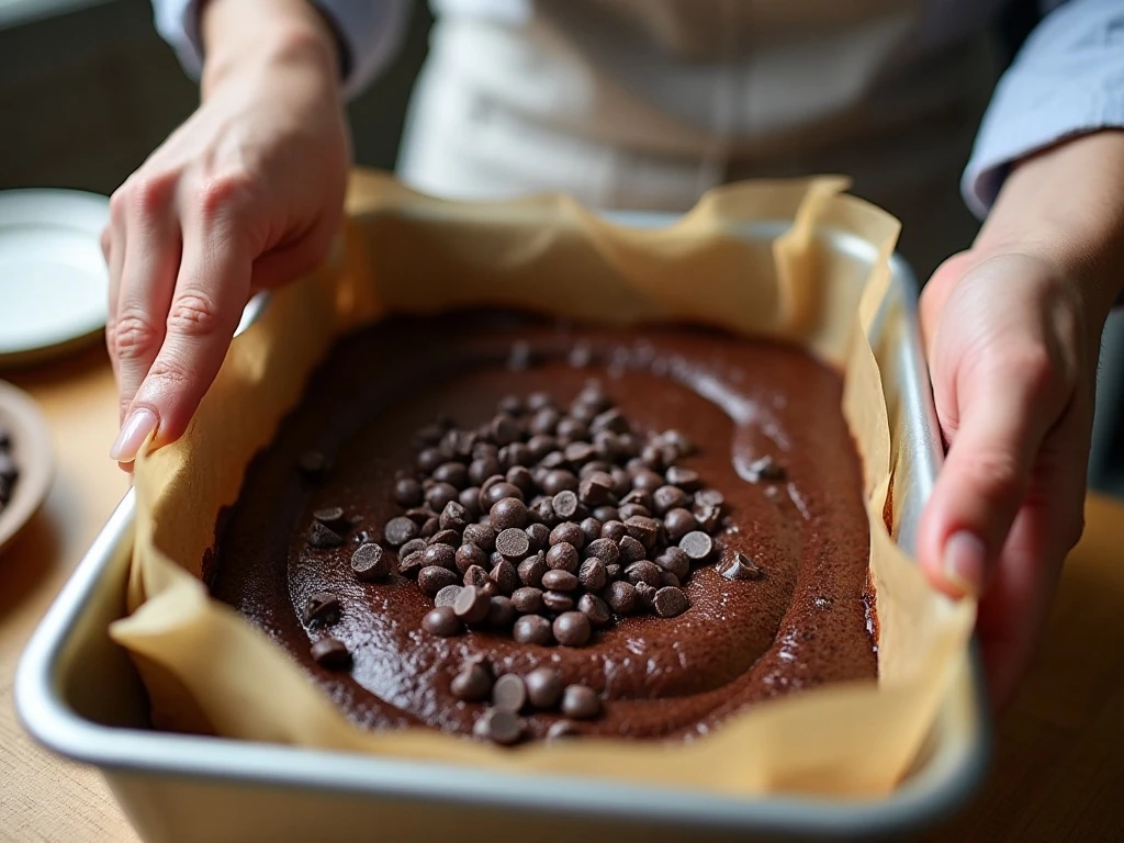 Brownie batter being folded with dark chocolate chips