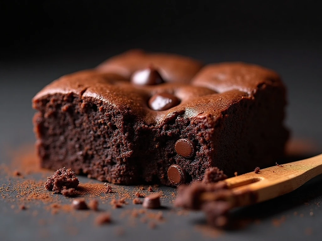 Close-up showing the moist fudgy texture of a dark chocolate brownie