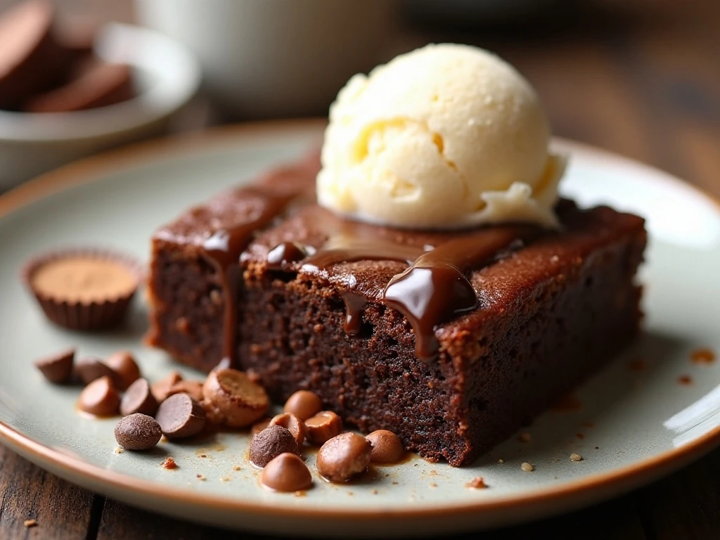 Fudgy chocolate peanut butter dump cake served with vanilla ice cream