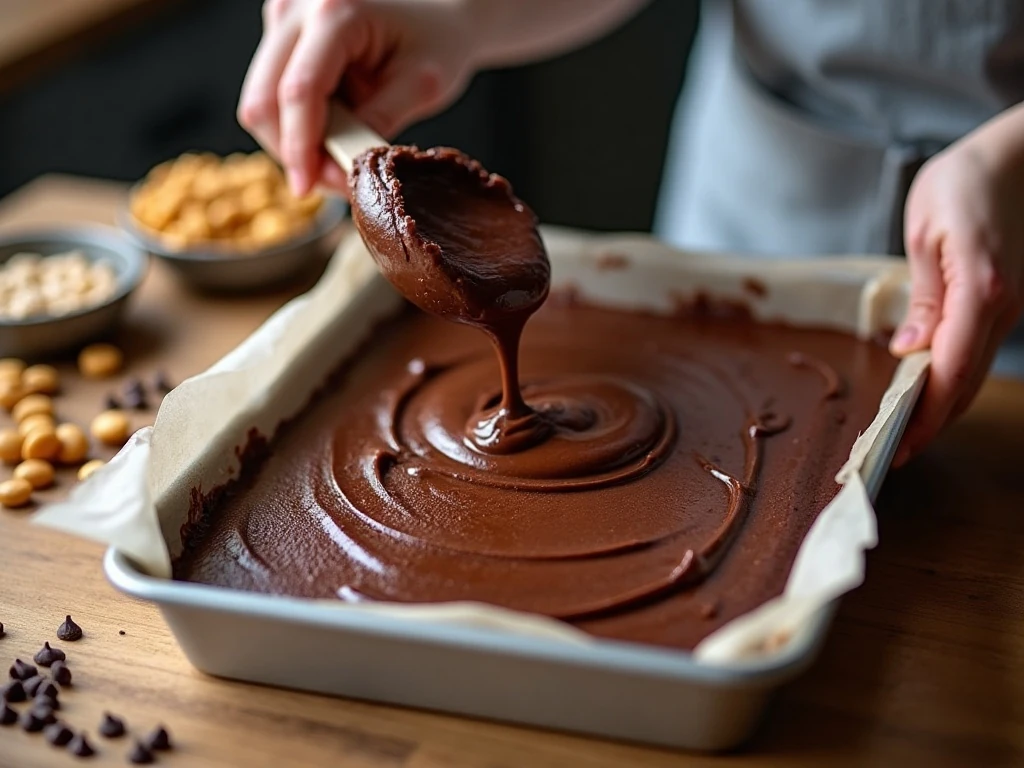 Thick chocolate cake batter spread in a baking dish