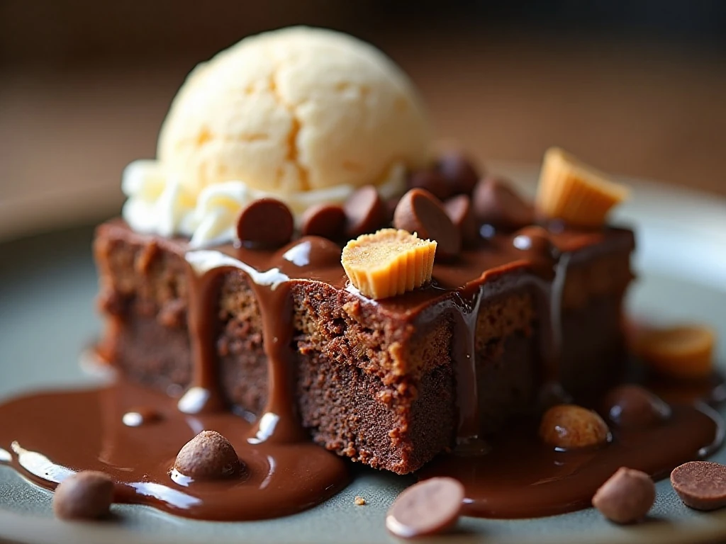 Close-up of chocolate peanut butter cake with candy topping
