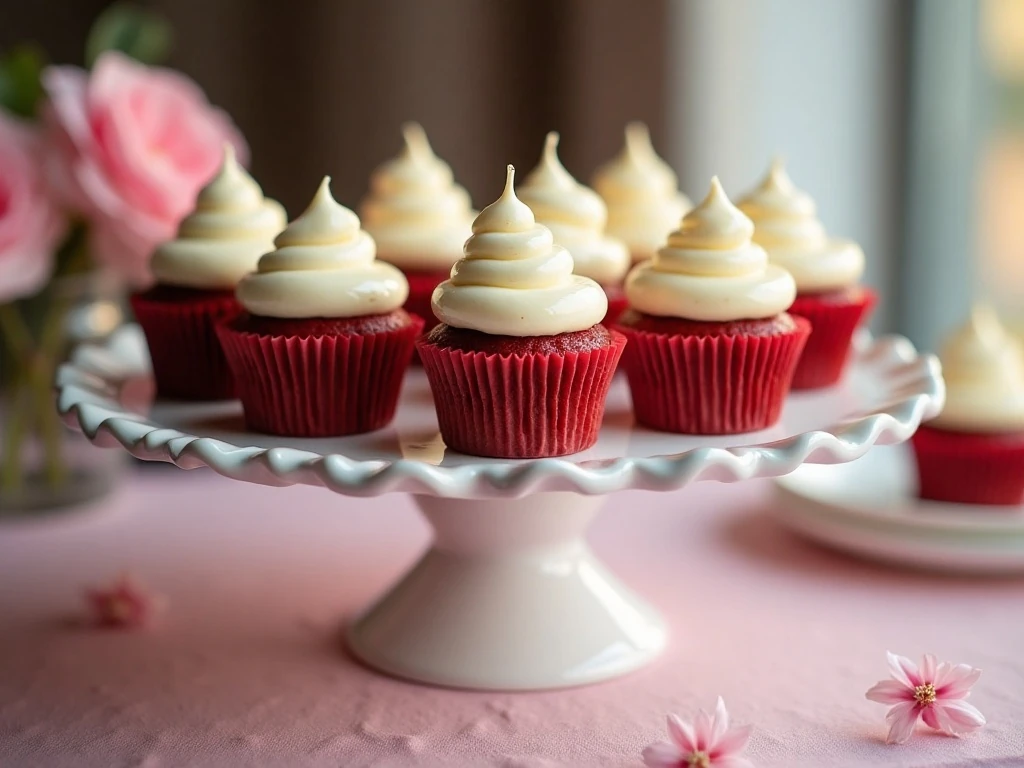 Classic red velvet cupcakes with cream-cheese frosting arranged on a serving stand