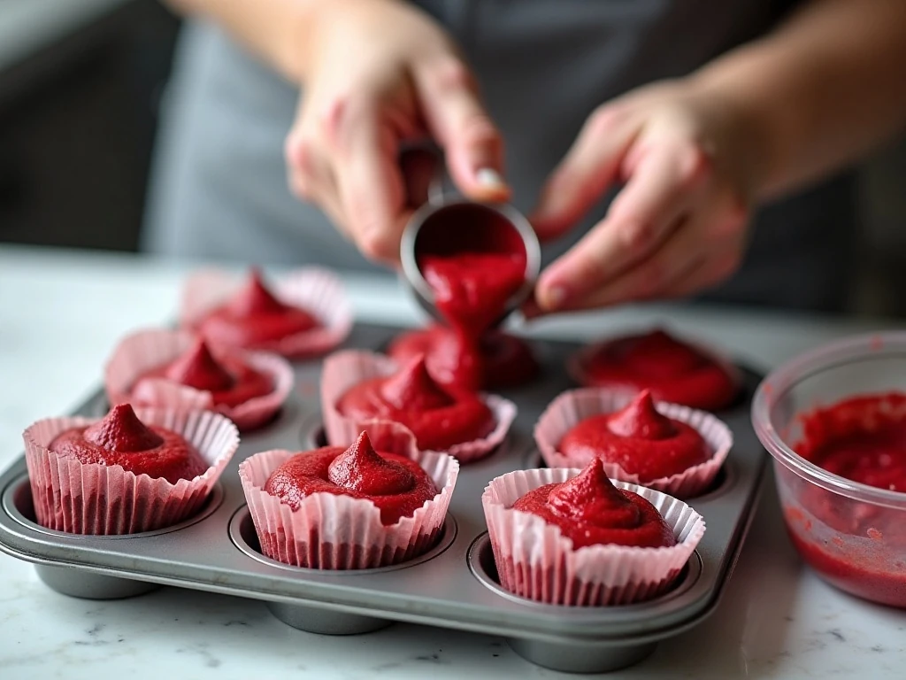 Red velvet cupcake batter being portioned into a lined muffin pan