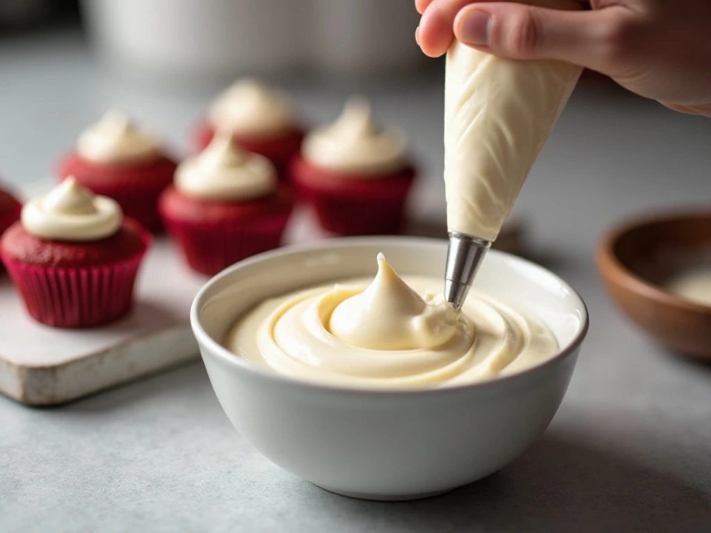 Smooth cream-cheese frosting ready to pipe onto red velvet cupcakes