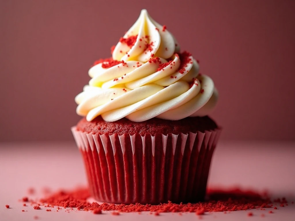 Close-up of cream-cheese frosting and red velvet crumb garnish