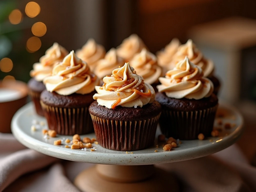 Mocha latte cupcakes with salted caramel buttercream arranged on a cake stand
