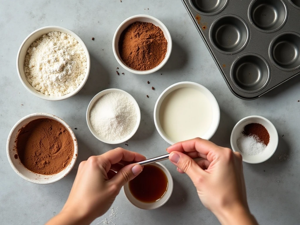 Ingredients for chocolate coffee cupcakes and salted caramel sauce