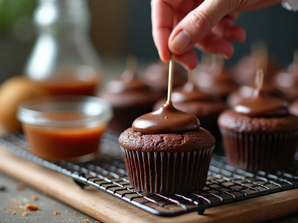 Testing chocolate cupcakes for moist crumbs after baking