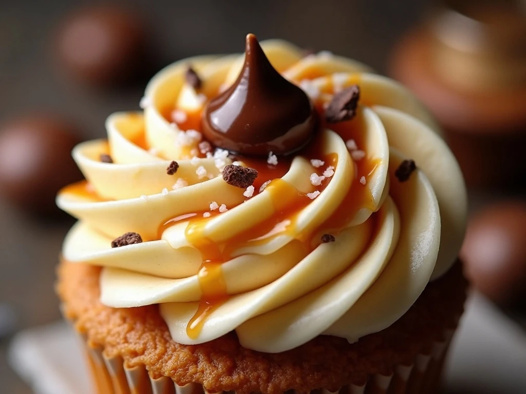 Salted caramel garnish on mocha cupcake buttercream