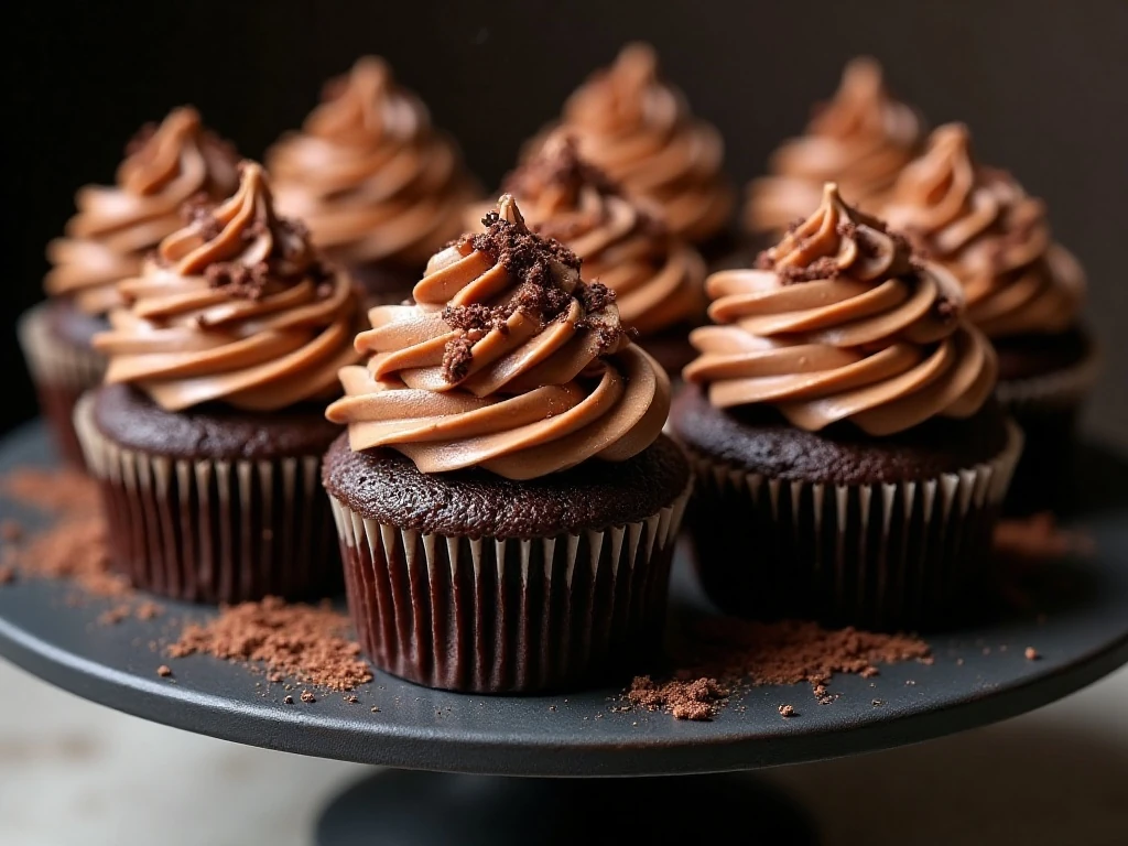 A platter of decadent chocolate mudslide cupcakes with Irish cream frosting